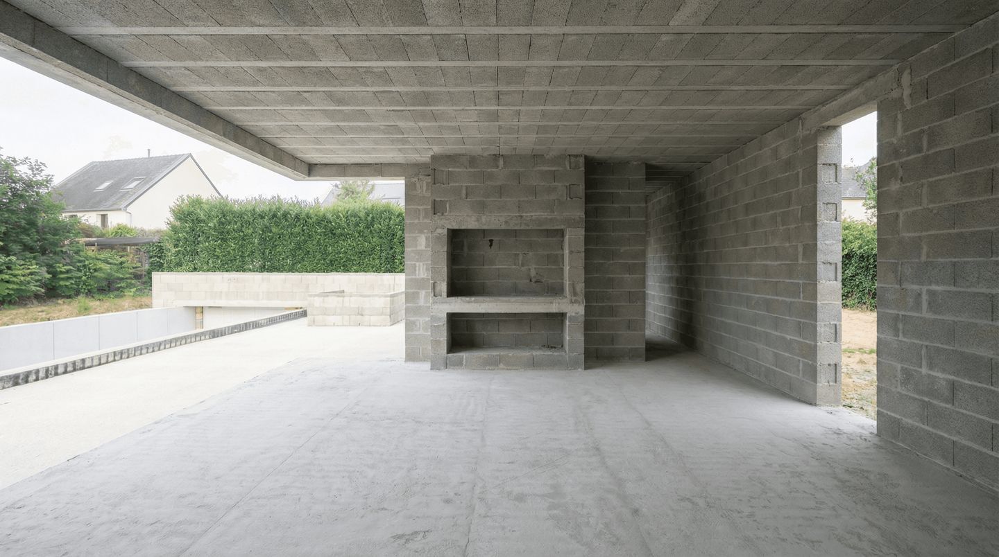 Avant travaux : pièce brute et cheminée en parpaings à La Mézière