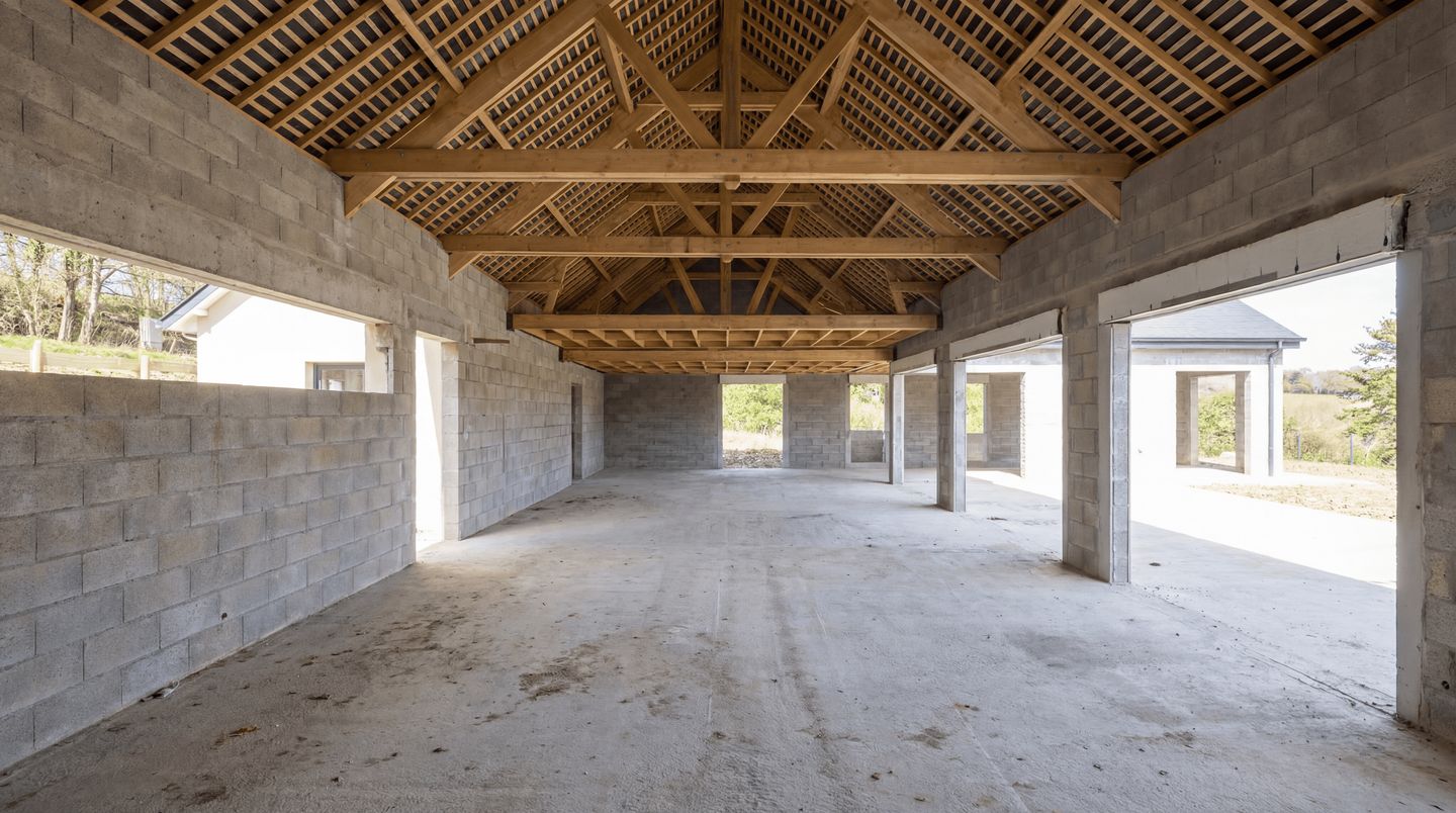 Avant travaux : bâtiment en parpaings sous charpente apparente à Pléchâtel